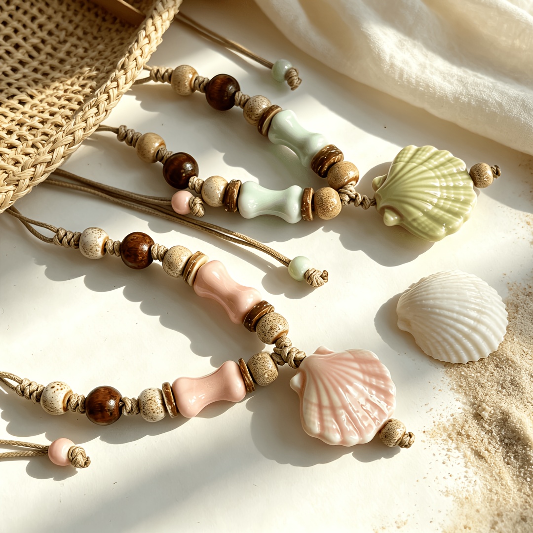 Bohemian Beach Style Ceramic Scallop Weave Necklace
